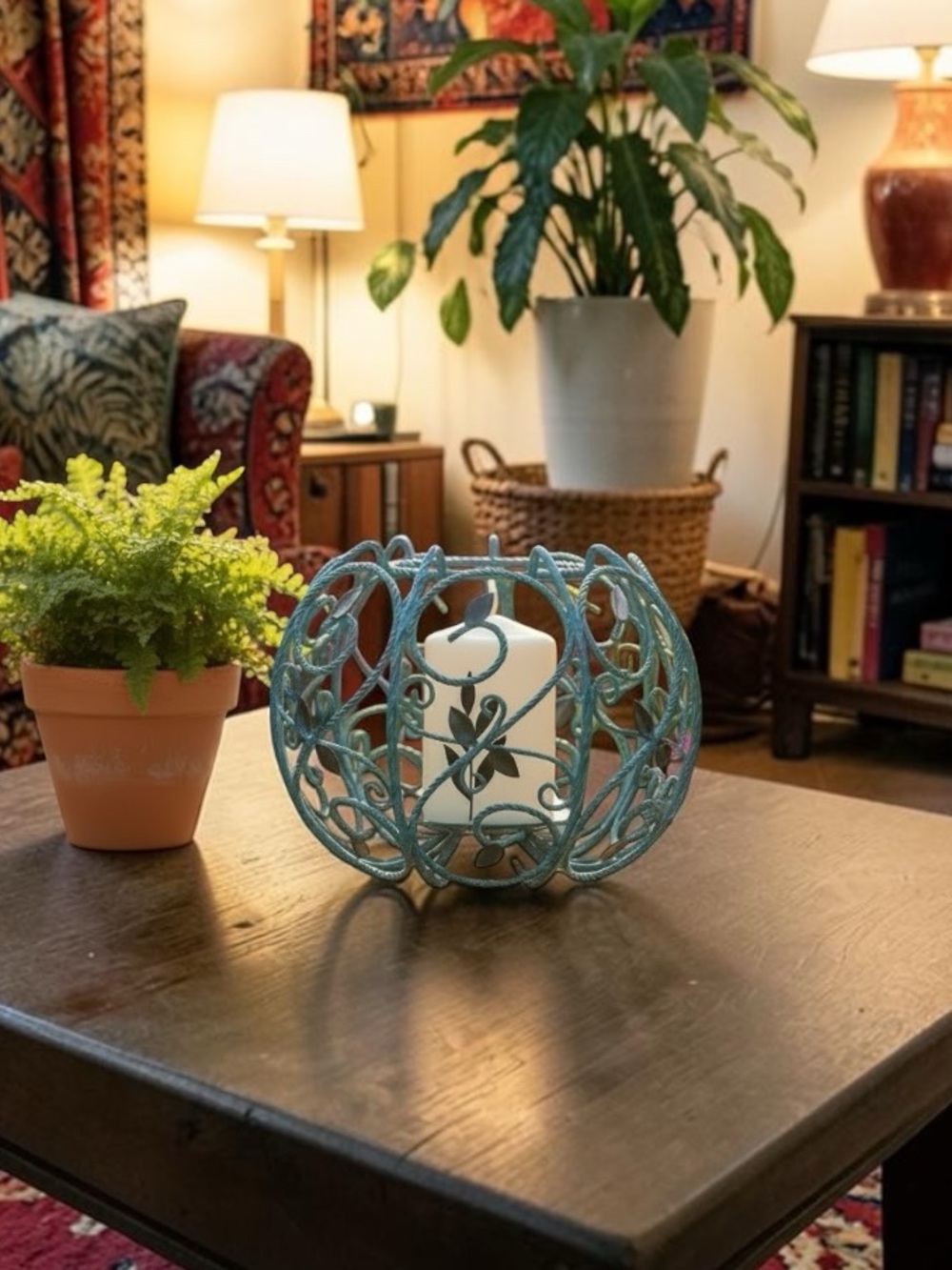 Decorative Metal Pillar Candle Lantern - Cobalt and Sky Blue